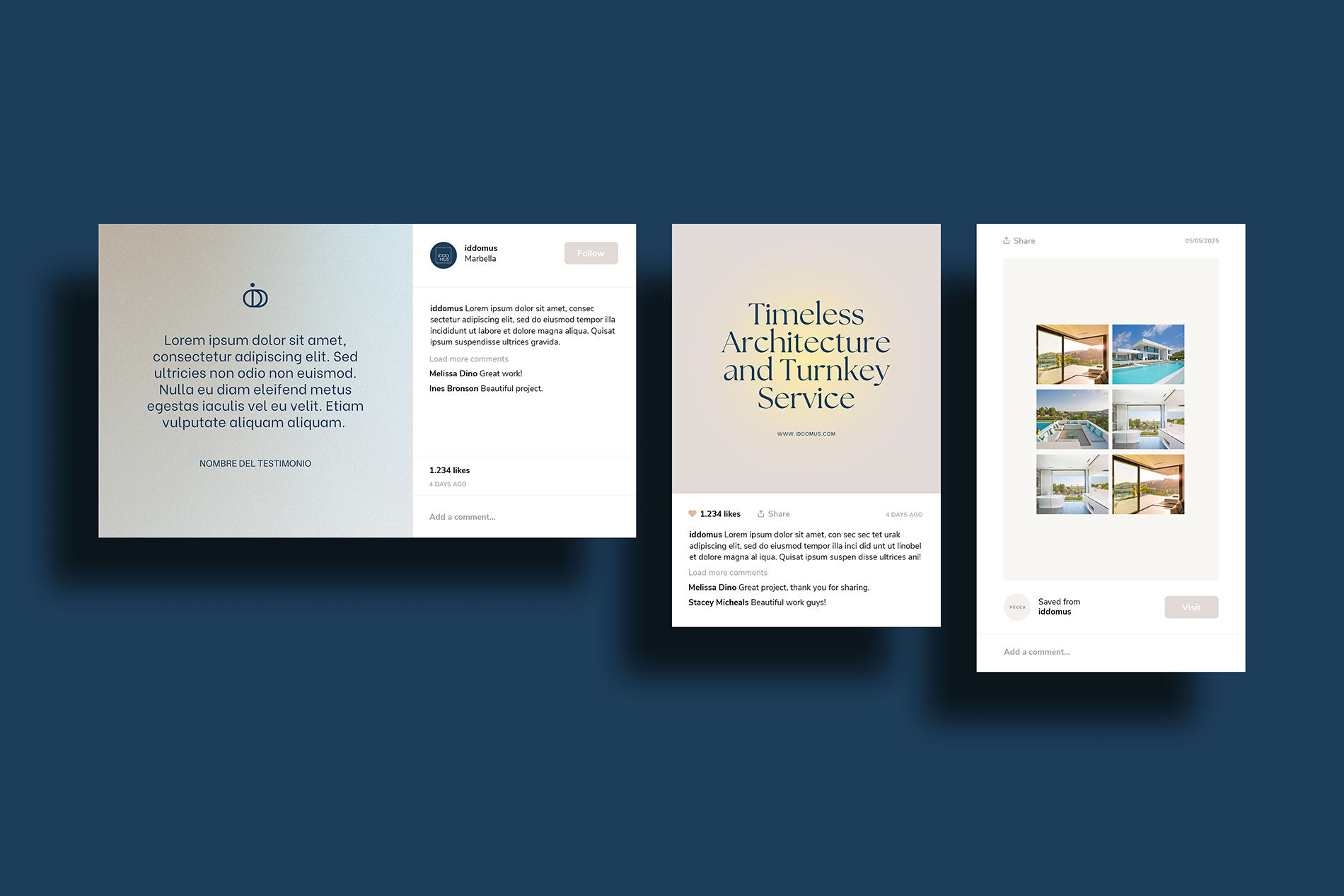 LaKarulina - Diseño de identidad visual y plantillas corporativas para Instagram de IDDOMUS: arquitectura , diseño y construcción de villas de lujo en la Costa del Sol. Las plantillas se plantearon para transmitir elegancia editorial, consistencia y storytelling.