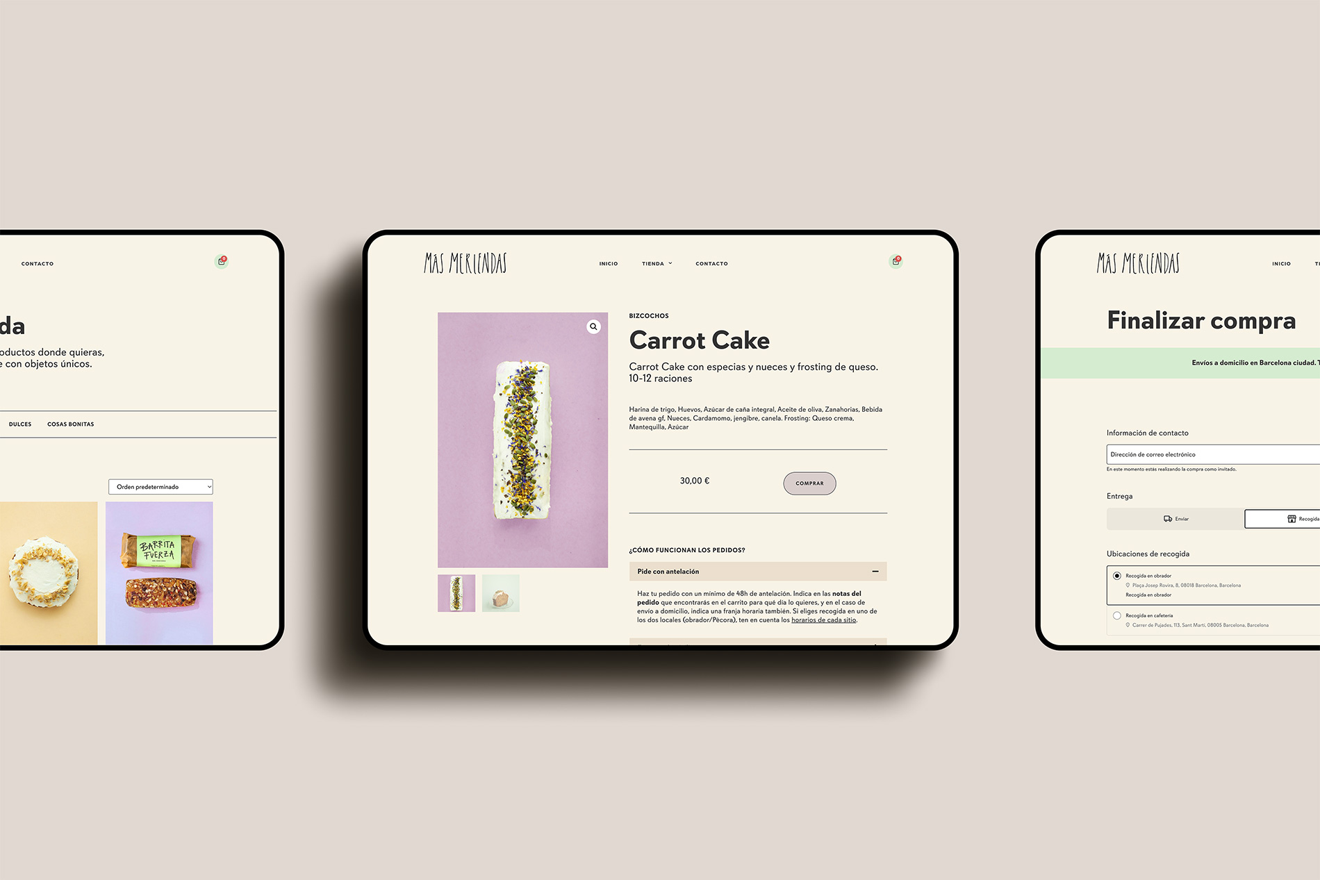LaKarulina - Diseño de ecommerce personalizada para Más Meriendas, Obrador de pastelería artesanal en Barcelona, subvencionada con el bono del Kit Digital