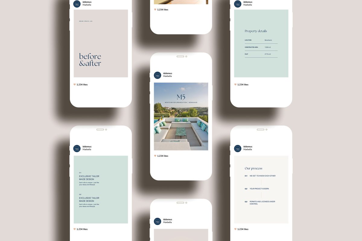 LaKarulina - Diseño de identidad visual y plantillas corporativas para Instagram de IDDOMUS: arquitectura , diseño y construcción de villas de lujo en la Costa del Sol. Las plantillas se plantearon para transmitir elegancia editorial, consistencia y storytelling.