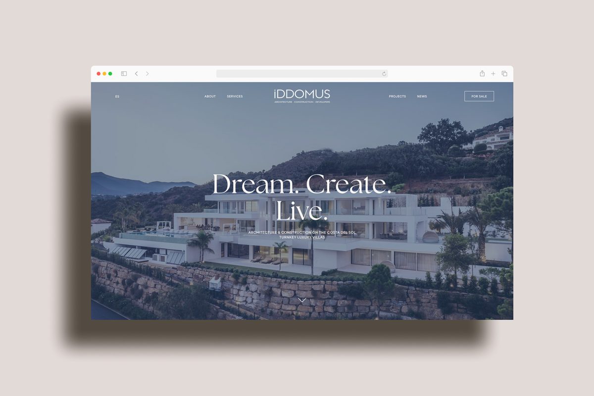LaKarulina - Diseño de identidad visual y página web corporativa para IDDOMUS: arquitectura , diseño y construcción de villas de lujo en la Costa del Sol. Espacios amplios, ritmo visual suave y jerarquías claras.